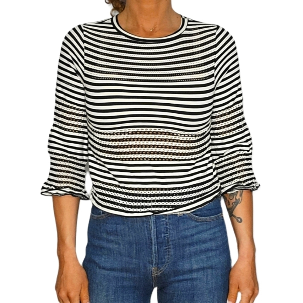 Atelier Nicole Miller Cotton Small Black White Mesh Quarter Sleeve